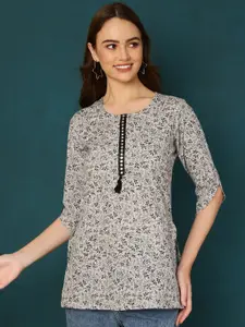 AKIMIA Floral Printed Mirror Work Pure Cotton Mirror Work Kurti