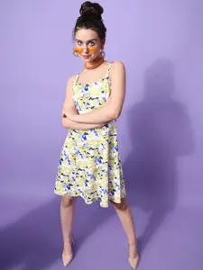 PURVAJA Floral Printed Shoulder Straps Fit & Flare Dress