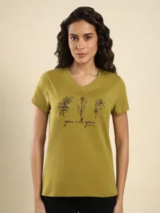 Van Heusen Women Floral Printed V-Neck Cotton T-Shirt