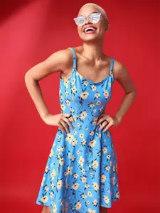 PURVAJA Floral Printed Shoulder Straps Fit & Flare Dress