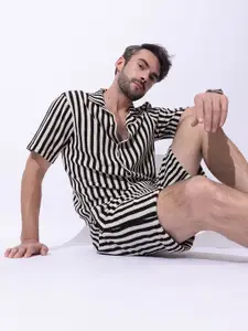 ARMISTO Men Vertical Striped Crochet Knit Resort Party Shirt