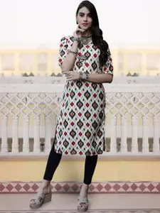 7Threads Women Geometric Printed Flared Sleeves Mirror Work Floral Crepe Kurta