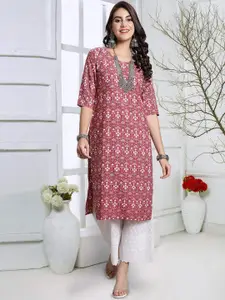 7Threads Women Geometric Keyhole Neck Flared Sleeves Thread Work Floral Crepe Kurta