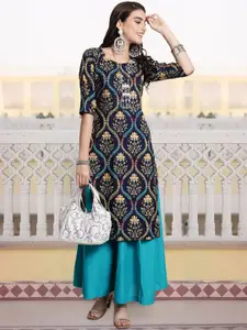 7Threads Women Ethnic Motifs Printed Keyhole Neck Sequinned Floral Crepe Kurta