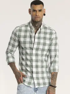 Snitch Men Smart Button-Down Collar Tartan Checked Linen Slim Fit Casual Shirt