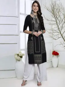 7Threads Women Geometric Keyhole Neck Mirror Work Floral Crepe Kurta