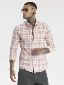 Snitch Men Smart Button-Down Collar Tartan Checked Linen Slim Fit Casual Shirt