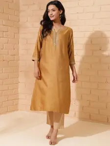 Fabindia Notch Neck Thread Work A-Line Kurta