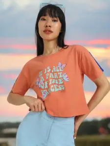 JUNEBERRY Women Typography Printed Round Neck Pure Cotton Top