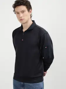 Tommy Hilfiger Men Solid Shirt Collar Zip Sweatshirt