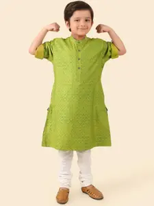 Fabindia Boys Floral Block Printed Roll-Up Sleeves Mandarin Collar Straight Kurta