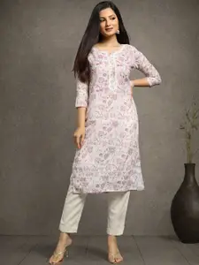 Sangria Floral Printed Notched Round Neck Sequinned Straight Kurta