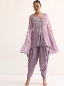 KALKI Fashion Floral Embroidered Beads And Stones Top With Dhoti Pants & Cape