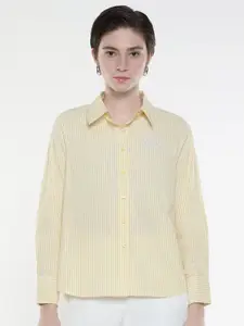 RAREISM Women Comfort Spread Collar Striped Cotton Formal Shirt