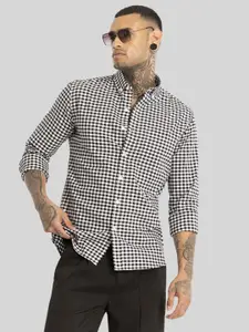 Snitch Men Smart Button-Down Collar Gingham Checked Cotton Slim Fit Casual Shirt
