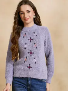 CLAPTON Women Floral Woollen Pullover with Embroidered Detail