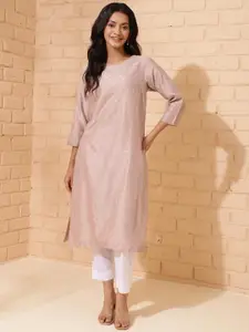 Fabindia Woven Design Round Neck Cotton Silk A-Line Kurta