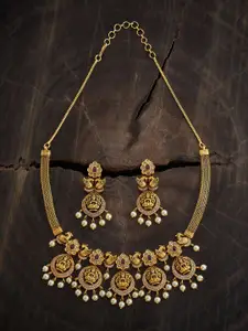 Kushal's Fashion Jewellery Gold-Plated Ruby CZ-Studded Antique Necklace and Earrings