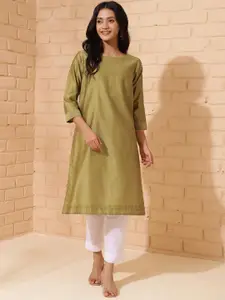 Fabindia Round Neck Thread Work Cotton Silk A-Line Kurta