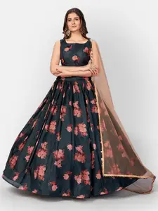 SHOPGARB Printed Mirror Work Semi-Stitched Lehenga & Unstitched Blouse With Dupatta