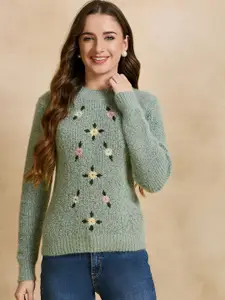 CLAPTON Women Floral Woollen Pullover with Embroidered Detail