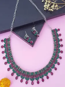 GRIIHAM Silver-Plated American Diamond Studded Oxidised Necklace and Earrings