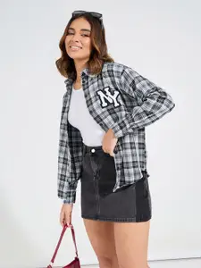 Styli Women Spread Collar Tartan Checked Oversized Casual Shirt