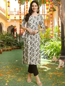 7Threads Floral Printed Round Neck Straight Kurta