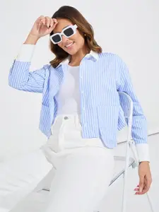 Styli Women Spread Collar Striped Boxy Casual Shirt