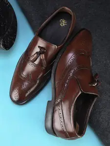 House of Pataudi Men leather Textured Formal Brogues Shoes