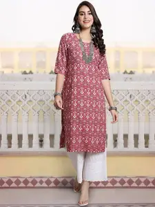 7Threads Floral Printed Round Neck Straight Kurta