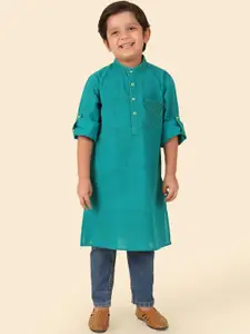 Fabindia Boys Abstract Block Printed Roll-Up Sleeves Mandarin Collar Cotton Straight Kurta