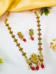 GRIIHAM Gold-Plated American Diamond Studded & Beaded Laxmi Design Necklace and Earrings