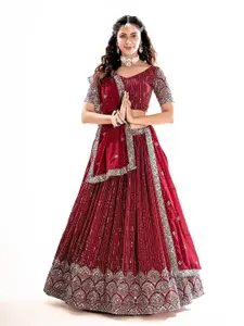 SHOPGARB Embroidered Sequinned Semi Stitched Lehenga & Unstitched Blouse With Dupatta