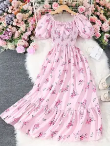 BAESD Floral Girls Printed Puff Sleeve Fit & Flare Dress