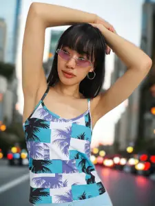 JUNEBERRY Women Tropical Printed V-Neck Pure Cotton Top