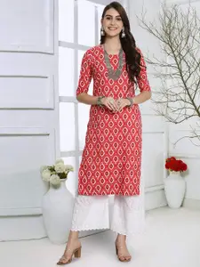 7Threads Women Printed Thread Work Floral Crepe Kurta