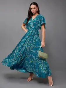 Miss Chase Women V-Neck Half Sleeve Floral Wrap Crepe Maxi Dress