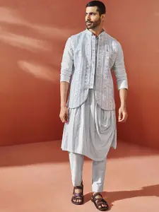 VASTRAMAY Mandarin Collar Pleated Kurta With Pyjamas & Nehru Jacket