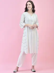 Shree Off White Woven Design Round Neck Three-Quarter Sleeves Cotton Straight Kurta