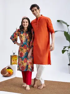 VASTRAMAY Mandarin Collar Long Sleeves Pure Cotton Kurta with Pyjamas
