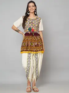 MESMORA FASHION Embroidered Thread Work Organic Cotton Top With Dhoti Pant