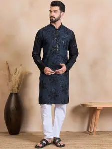 House of Pataudi Floral Embroidered Mandarin Collar Straight Kurta