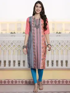 7Threads Ethnic Motifs Printed Round Neck Straight Kurta