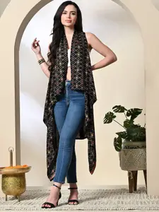 DECKEDUP Women Geometric Printed V-Neck Longline Asymmetric Open Shrug