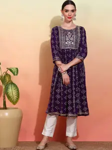 Ishin Bandhani Printed Round Neck Thread Work A-Line Kurta