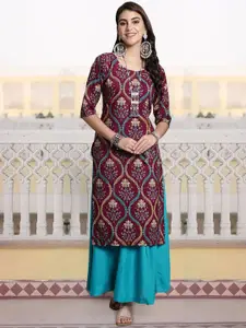 7Threads Ethnic Motifs Printed Round Neck Crepe Straight Kurta