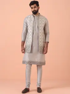 KISAH Men Regular Fit Woven Design Kurta Nehru Jacket Churidar Set