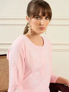 Indo Era Floral Yoke Design Round Neck Thread Work Straight Kurta