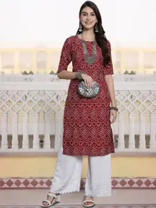 7Threads Bandhani Digital Printed Round Neck Straight Kurta